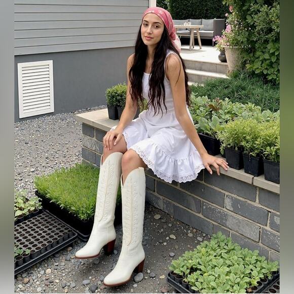 Dreamcia Women’s Wide Calf Cowboy Boots|Ivory Embroidery Design|Faux Leather|9.5 - Picture 15 of 16